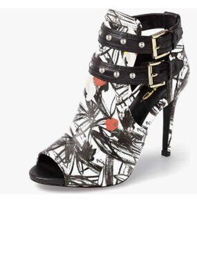 XYD Ink Painting Studs Peep Toe Ankle Bootie High Heel Buckled Double Strap Shoe